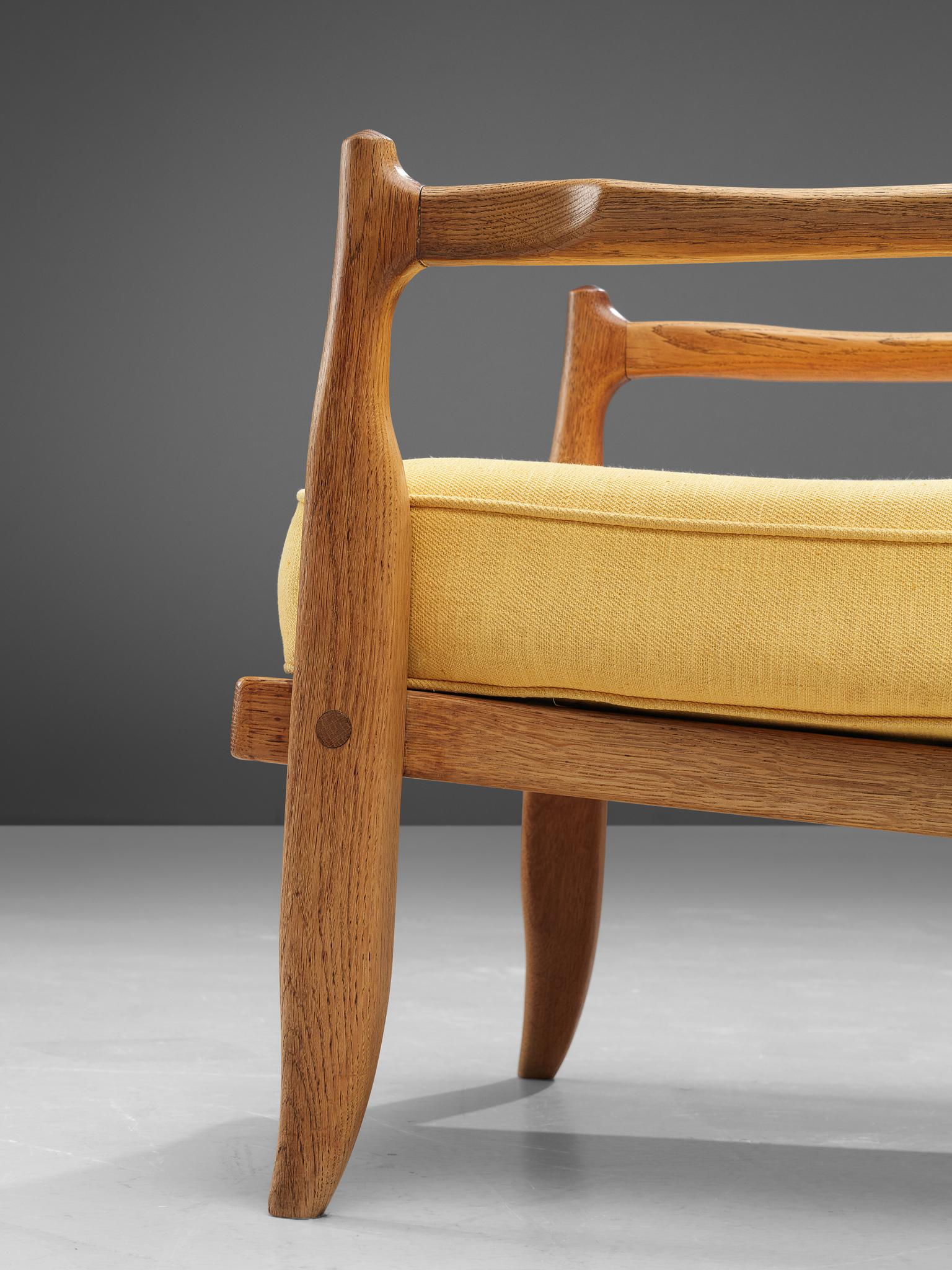 Fabric Guillerme & Chambron Lounge Chair in Solid Oak, France, 1960s