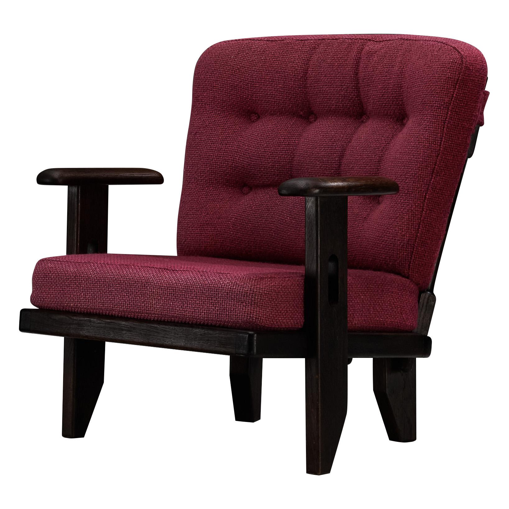 Guillerme & Chambron Lounge Chair in Stained Oak and Purple Wool