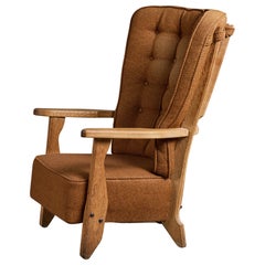 Guillerme & Chambron, Lounge Chair, Oak, Fabric, France, 1950s