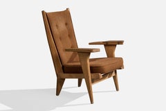 Guillerme & Chambron, Lounge Chair, Oak, Fabric, France, 1960s