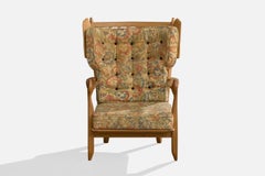 Guillerme & Chambron, Lounge Chair, Oak, Fabric, France, 1960s