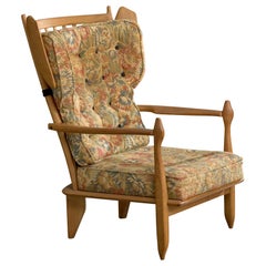 Guillerme & Chambron, Lounge Chair, Oak, Fabric, France, 1960s