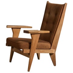 Guillerme & Chambron, Lounge Chair, Oak, Fabric, France, 1960s