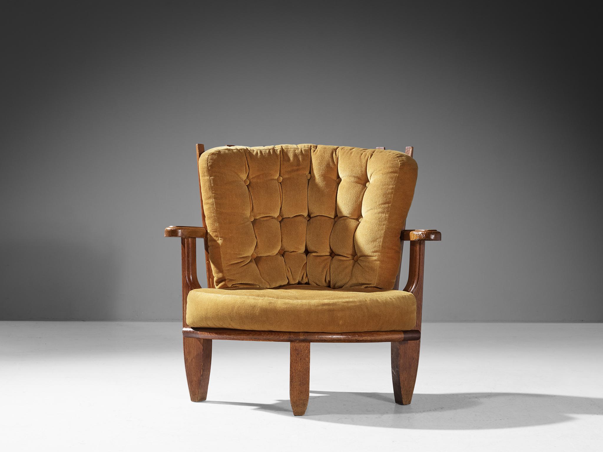 Mid-20th Century Guillerme & Chambron Lounge Chair 'Tricoteuse' in Oak and Ocher Yellow Velvet