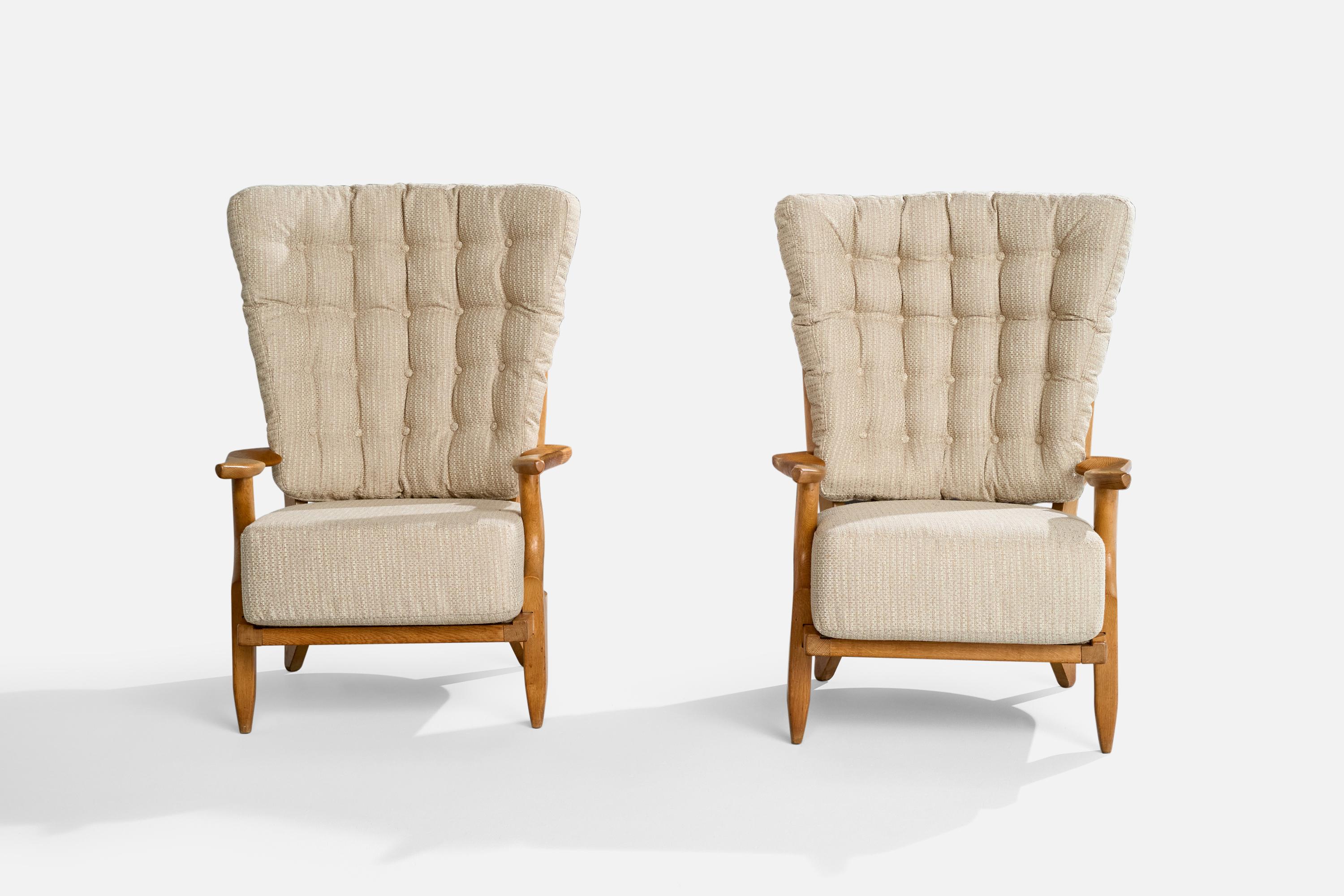 Guillerme & Chambron, Lounge Chairs, Fabric, Oak, France, 1950s For Sale 5