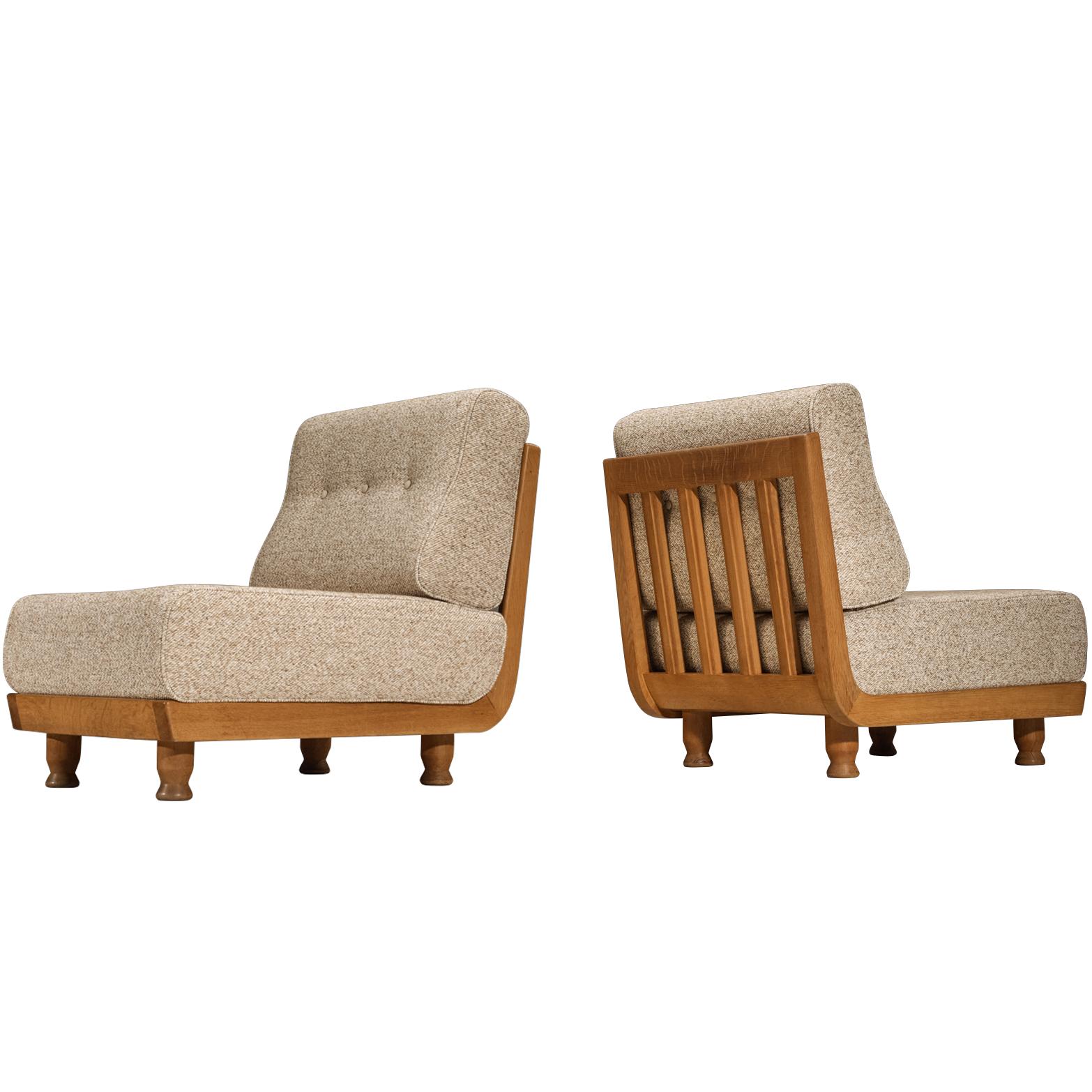 Guillerme & Chambron Lounge Chairs in Solid Oak and Beige Wool For Sale