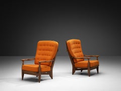 Guillerme & Chambron Lounge Chairs in Solid Oak and Orange Wool