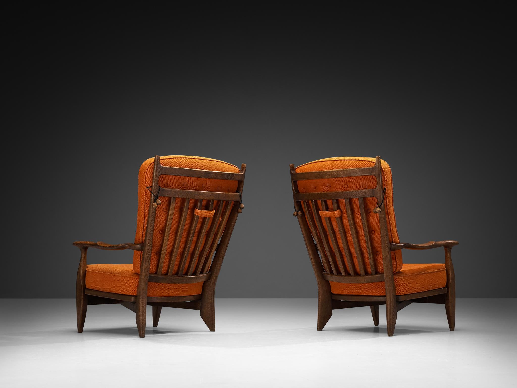 Sillones Guillerme & Chambron de roble macizo y lana naranja Francés en venta