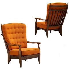 Guillerme & Chambron Lounge Chairs in Solid Oak and Orange Wool