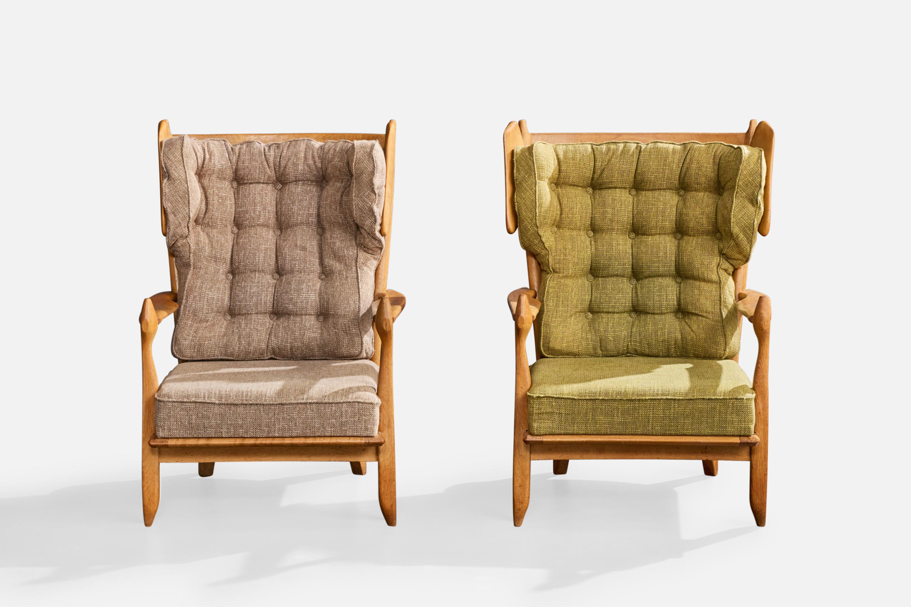 Guillerme & Chambron, Chaises longues, Oak Oak, Tissu, France, 1960 Bon état - En vente à High Point, NC
