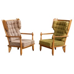 Guillerme & Chambron, Lounge Chairs, Oak, Fabric, France, 1960