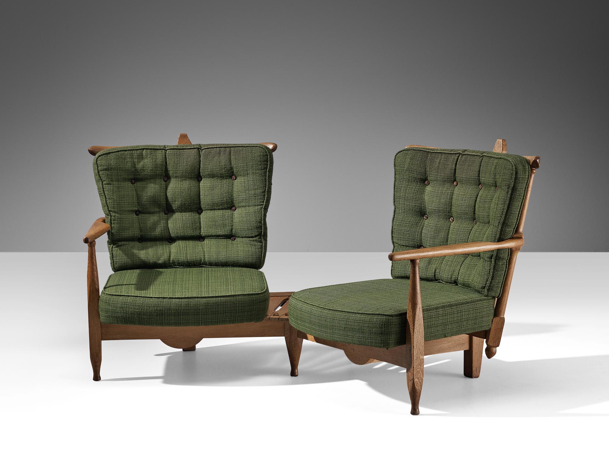 Mid-20th Century Guillerme & Chambron Lounge Set with Connecting Table in Solid Oak  For Sale