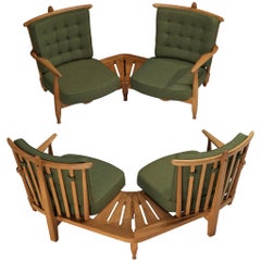 Guillerme & Chambron Lounge Set with Connecting Table in Solid Oak