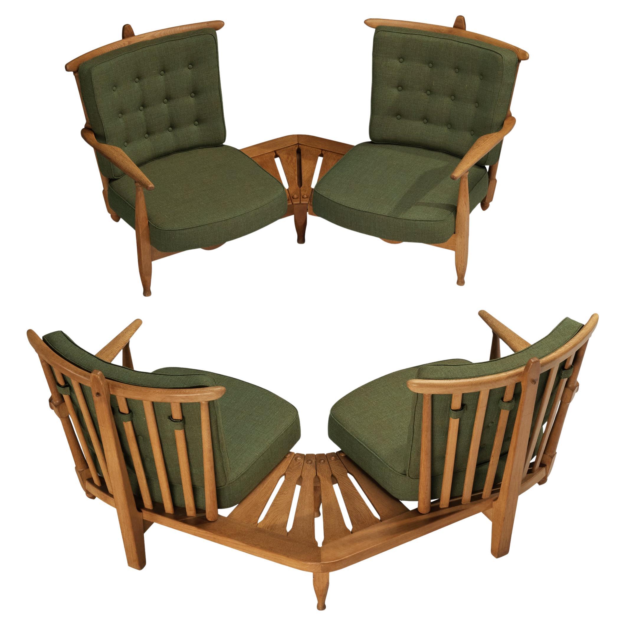 Guillerme & Chambron Lounge Set with Side Table Solid Oak and Green Fabric