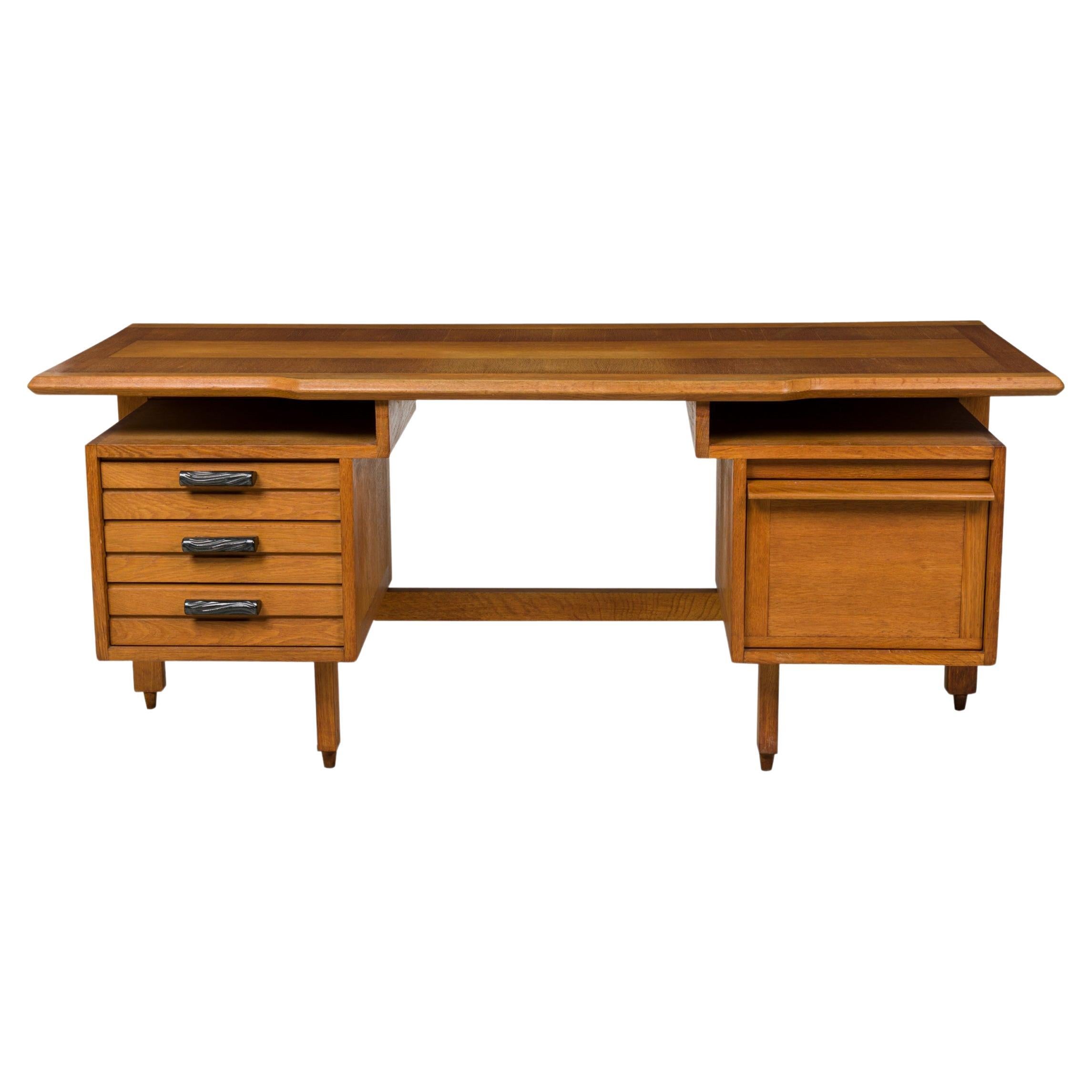 Guillerme & Chambron Midcentury French Large Oak Desk For Sale