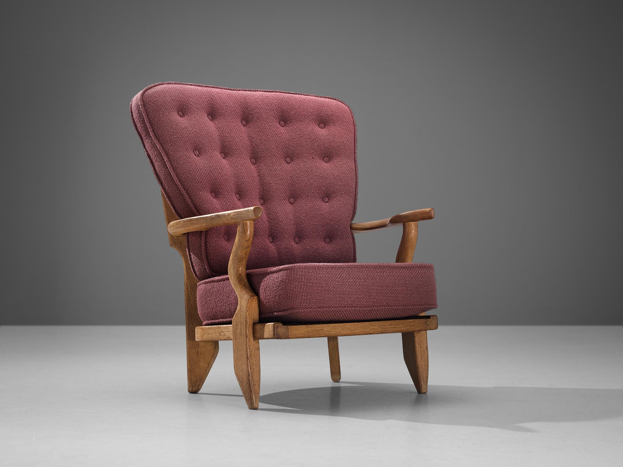 French Guillerme & Chambron 'Mid Repos' Lounge Chair in Oak and Pink Upholstery