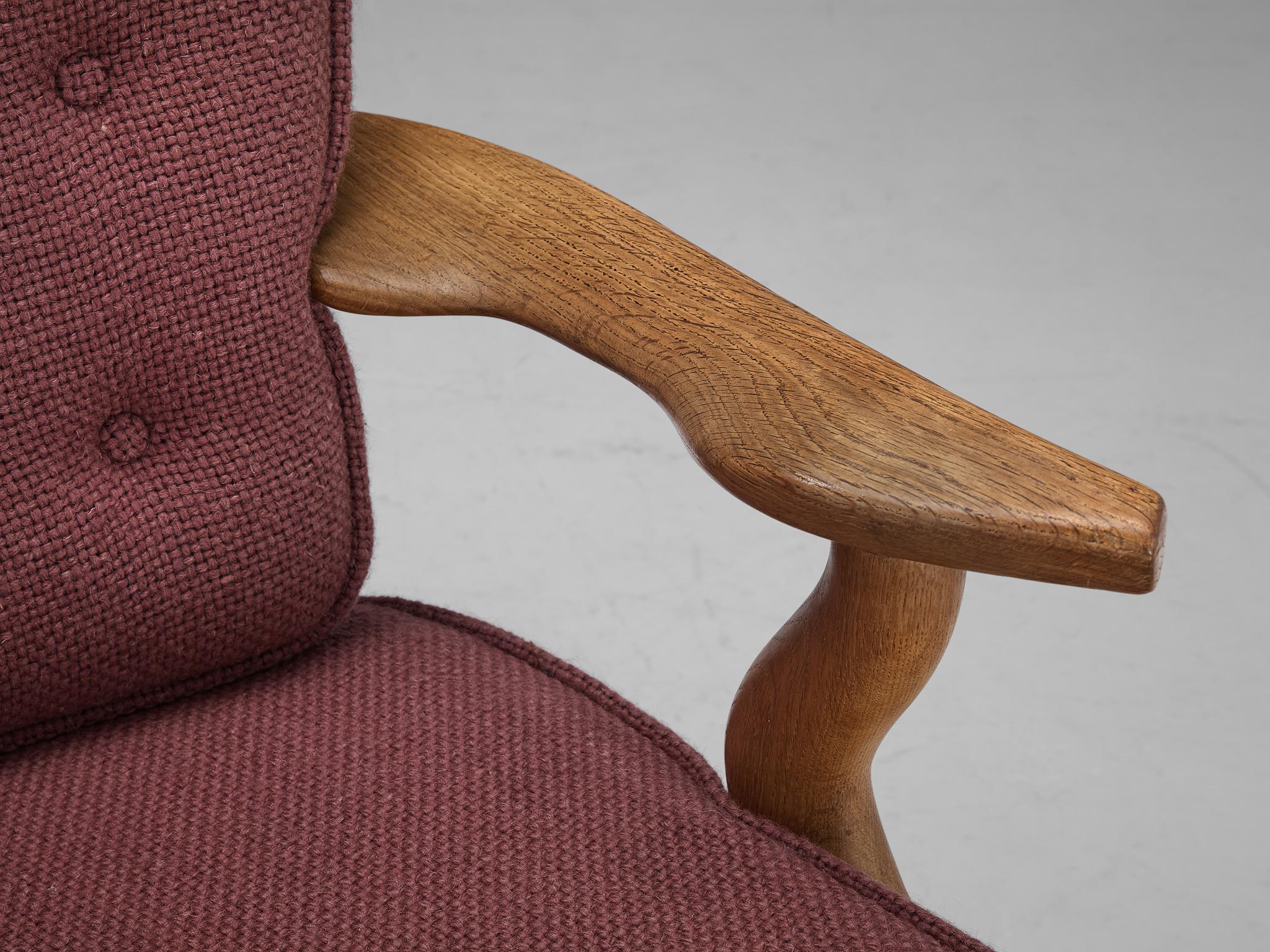 Fabric Guillerme & Chambron 'Mid Repos' Lounge Chair in Oak and Pink Upholstery