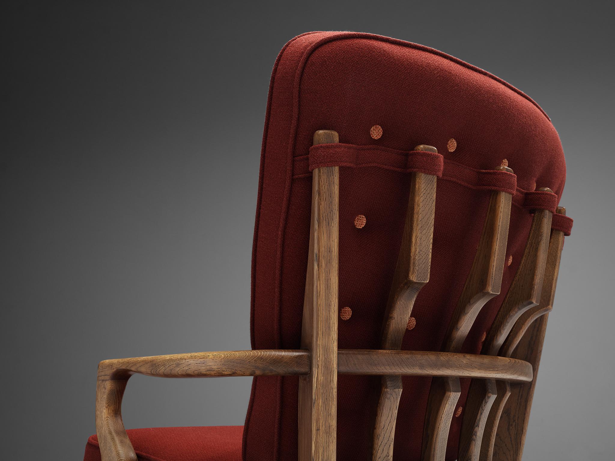 Chaise longue Mid Repos de Guillerme & Chambron en chêne et tapisserie rouge  en vente 2