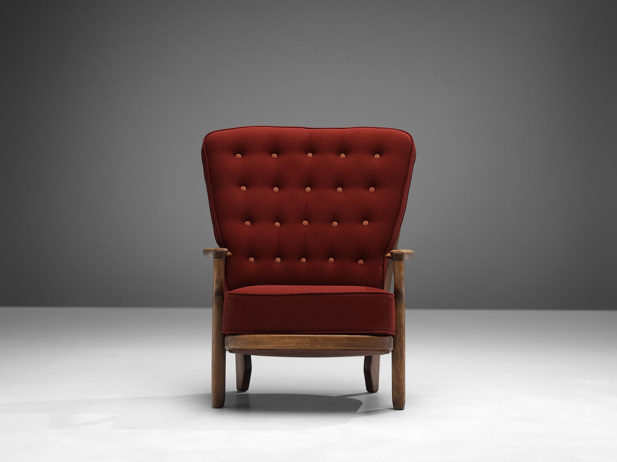 Guillerme & Chambron 'Mid Repos' Lounge Chair in Oak and Red Upholstery  For Sale 5