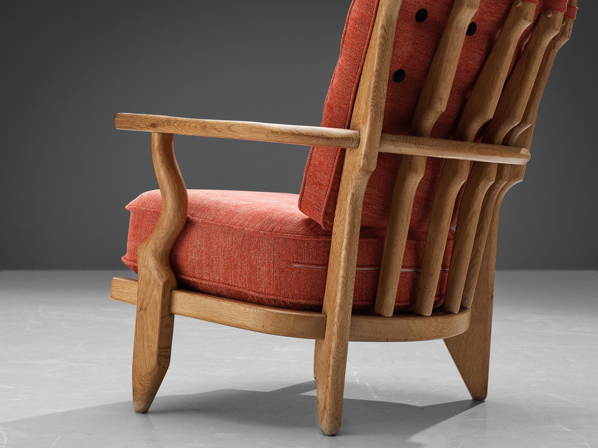 Mid-Century Modern Guillerme & Chambron 'Mid Repos' Lounge Chair in Oak and Red Upholstery  For Sale