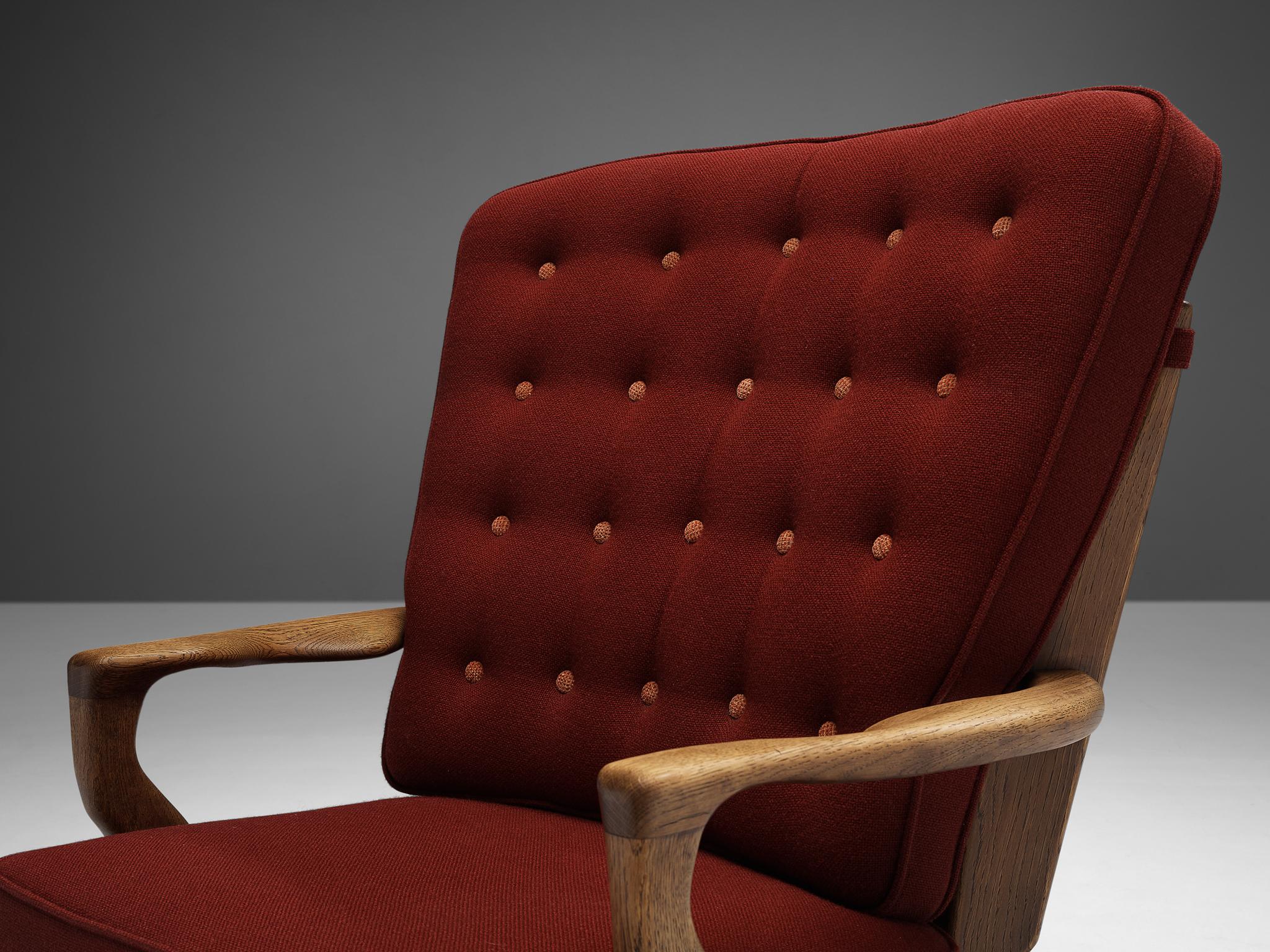 French Guillerme & Chambron 'Mid Repos' Lounge Chair in Oak and Red Upholstery  For Sale