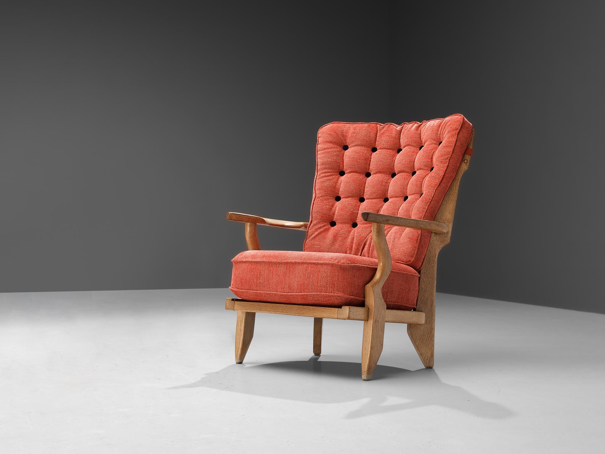 French Guillerme & Chambron 'Mid Repos' Lounge Chair in Oak and Red Upholstery  For Sale