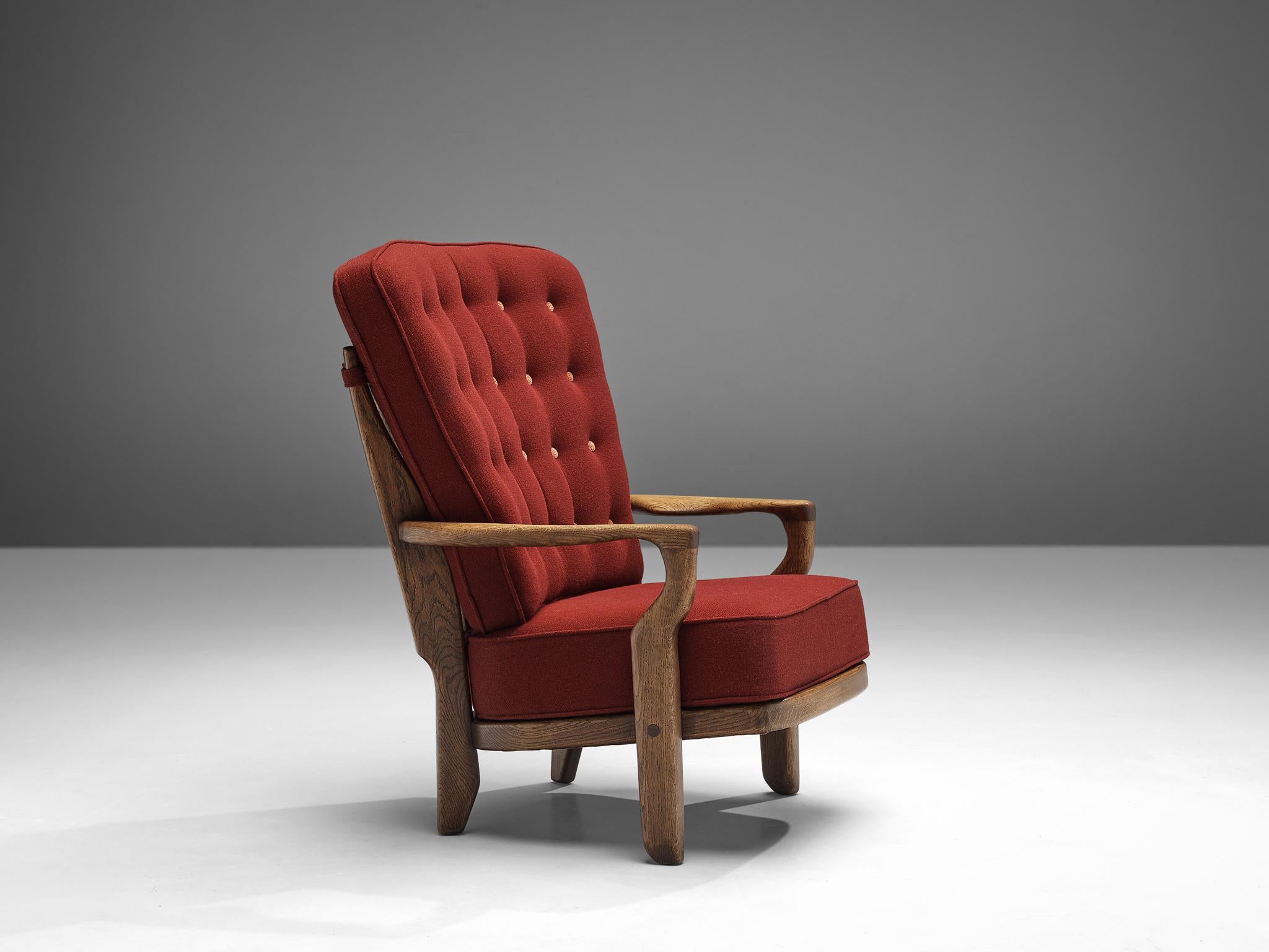 Mid-20th Century Guillerme & Chambron 'Mid Repos' Lounge Chair in Oak and Red Upholstery  For Sale