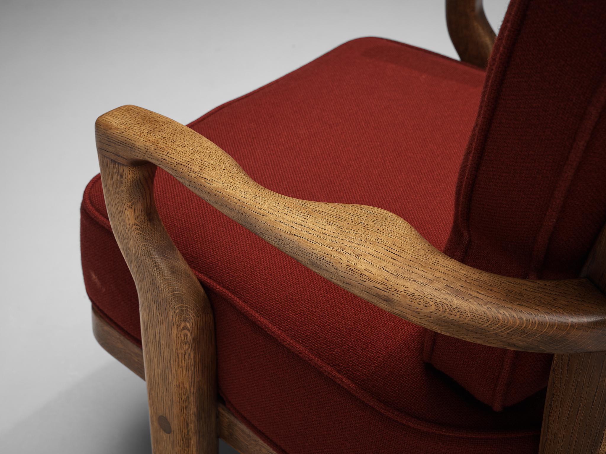 Tissu Chaise longue Mid Repos de Guillerme & Chambron en chêne et tapisserie rouge  en vente