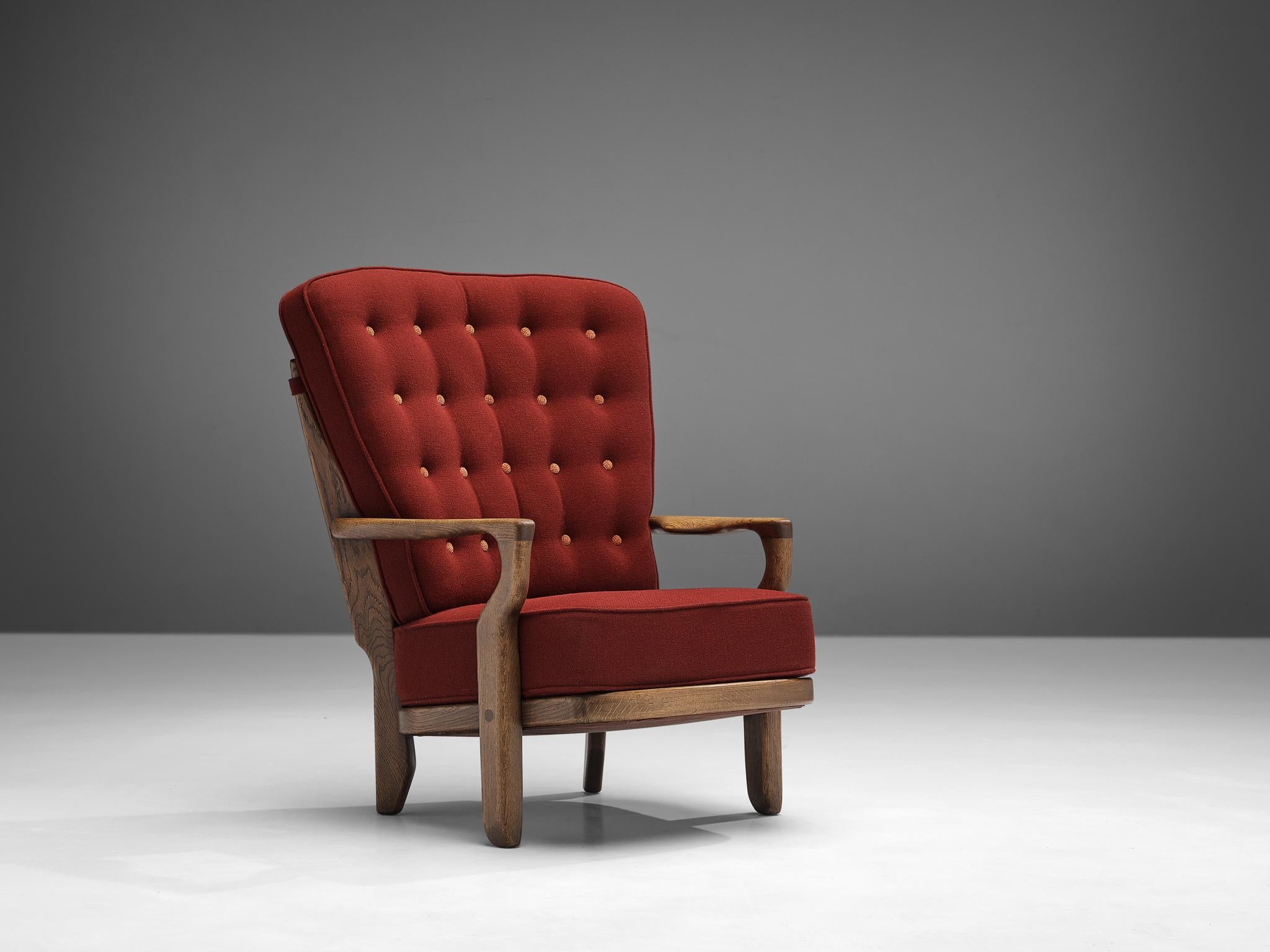 Guillerme & Chambron 'Mid Repos' Lounge Chair in Oak and Red Upholstery  For Sale 2