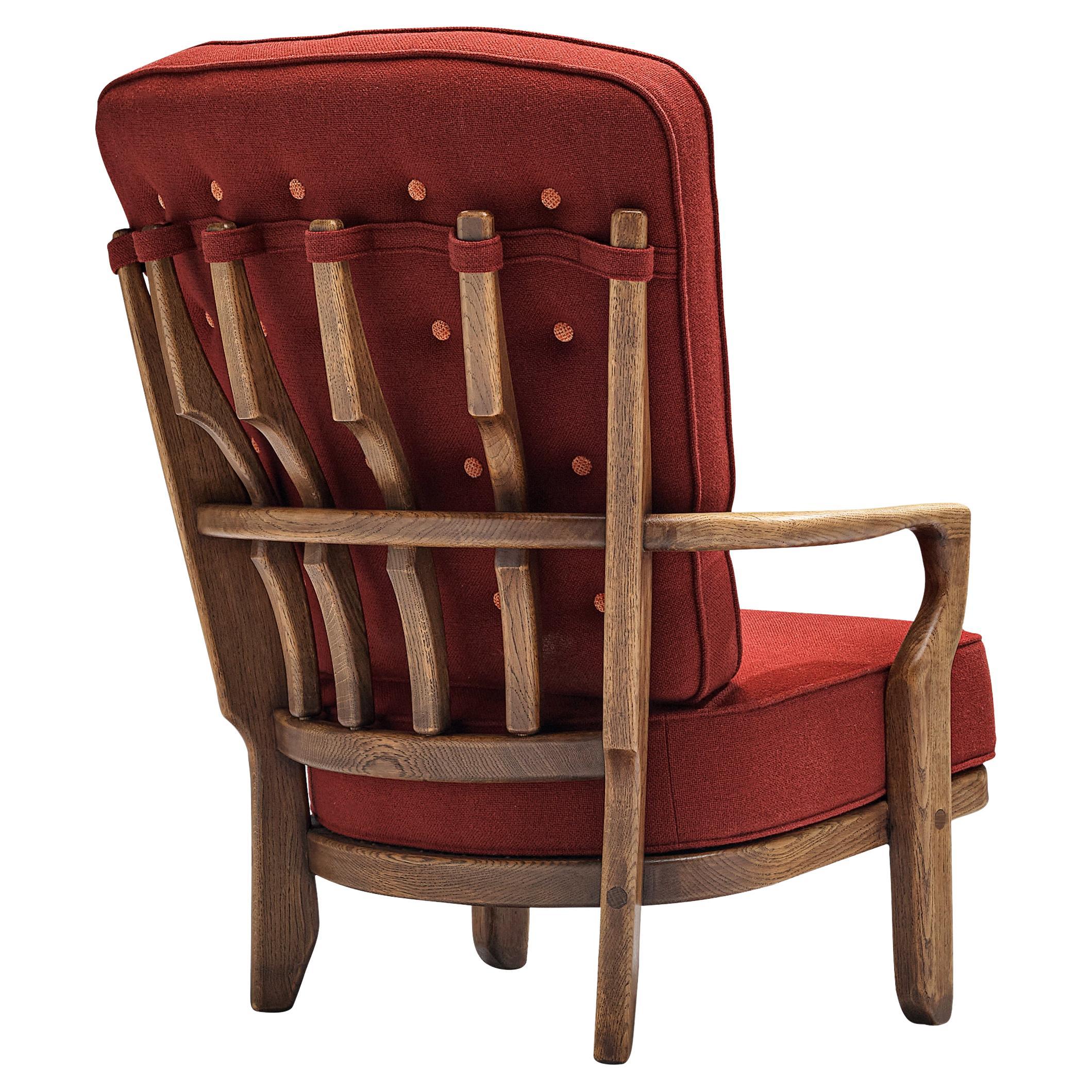 Guillerme & Chambron 'Mid Repos' Lounge Chair in Oak and Red Upholstery  For Sale