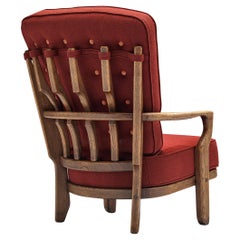 Vintage Guillerme & Chambron 'Mid Repos' Lounge Chair in Oak and Red Upholstery 