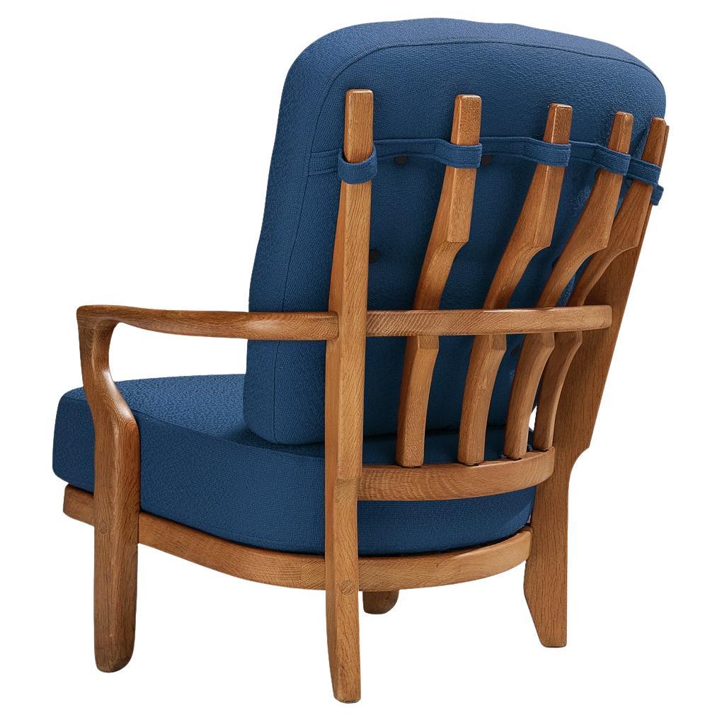 Guillerme & Chambron 'Mid Repos' Lounge Chair in Oak and Blue Wool For Sale