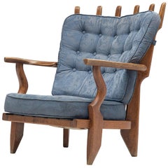 Vintage Guillerme & Chambron 'Mid Repos' Lounge Chair with Blue Floral Upholstery