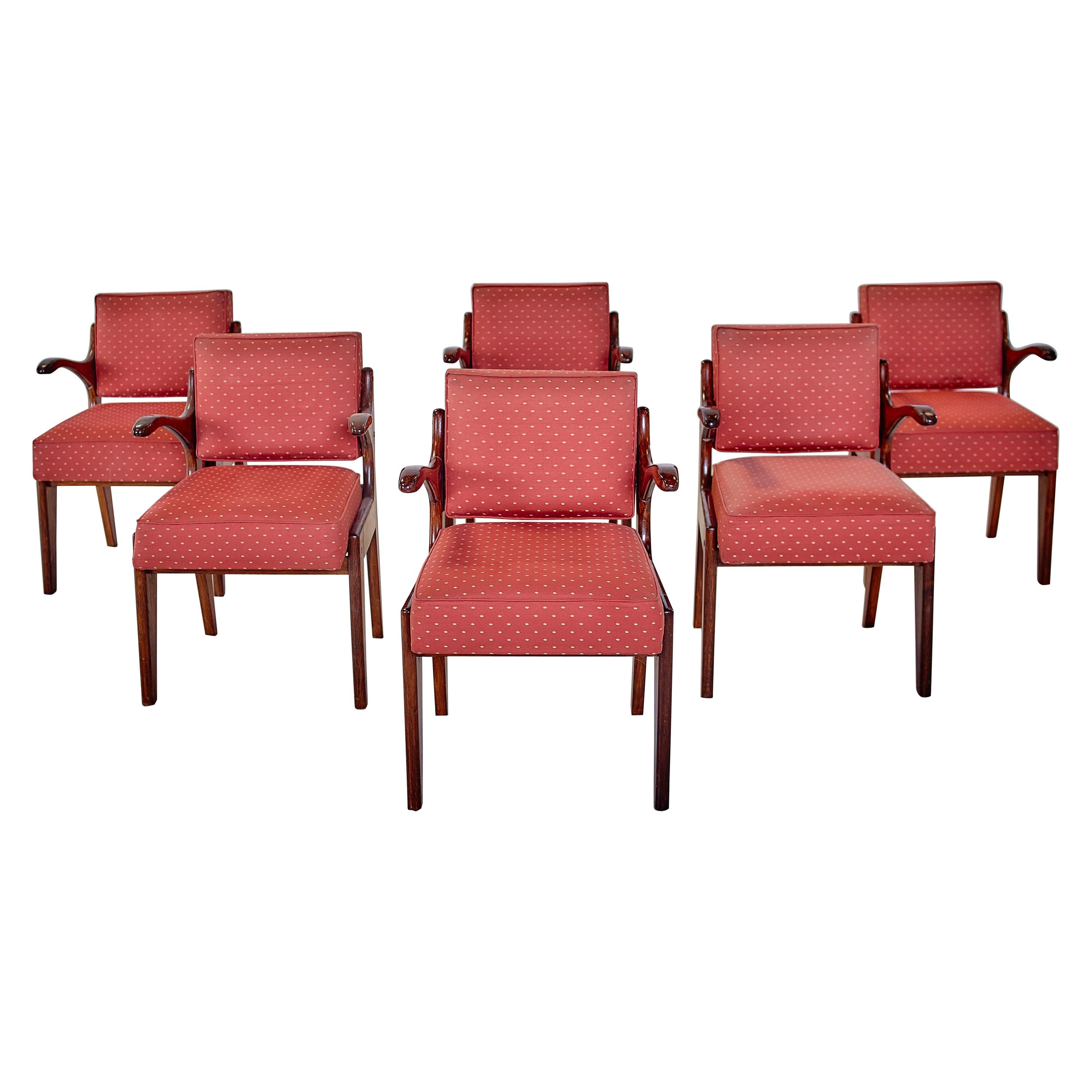 Guillerme & Chambron Midcentury Red Varnished Oak and Fabric French Chairs, 1960 For Sale