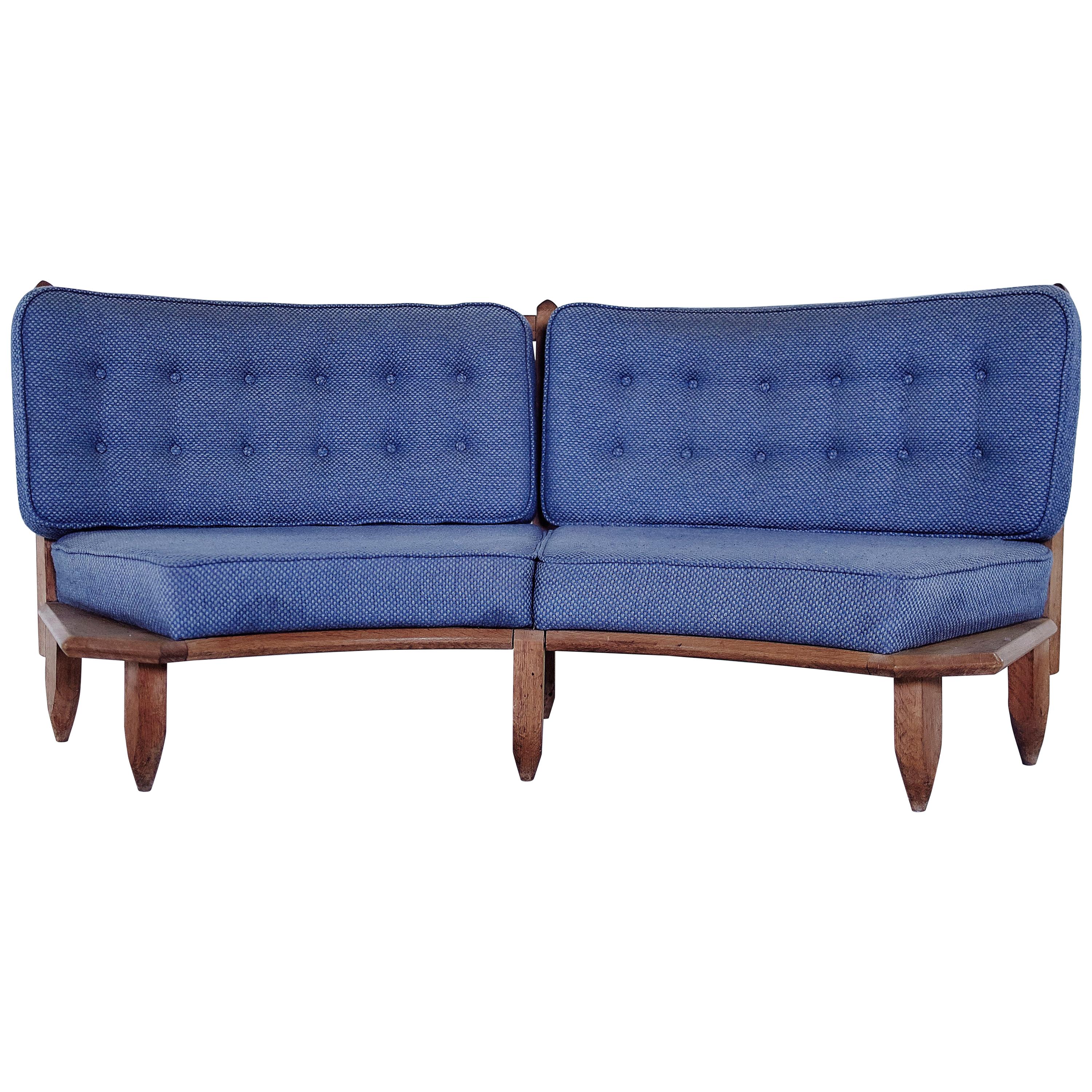 Guillerme & Chambron Midcentury Solid Oak and Blue Fabric Curved Sofa, 1960 For Sale