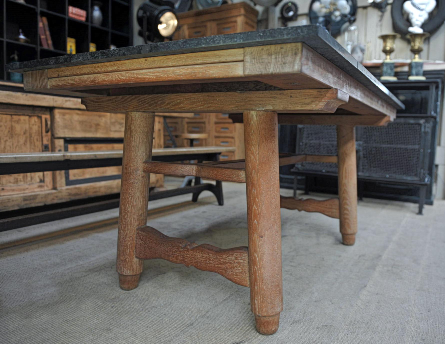 Guillerme & Chambron Oak and Black Stone Dining Table, 1950 4