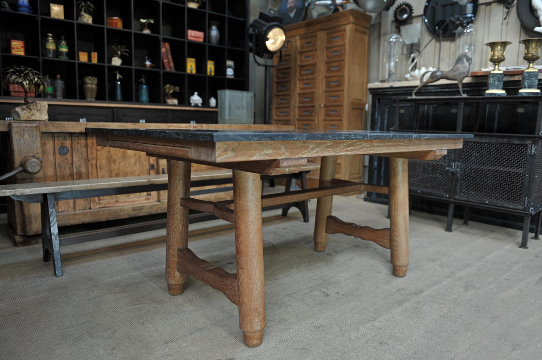 Guillerme & Chambron Oak and Black Stone Dining Table, 1950 In Fair Condition In Roubaix, FR