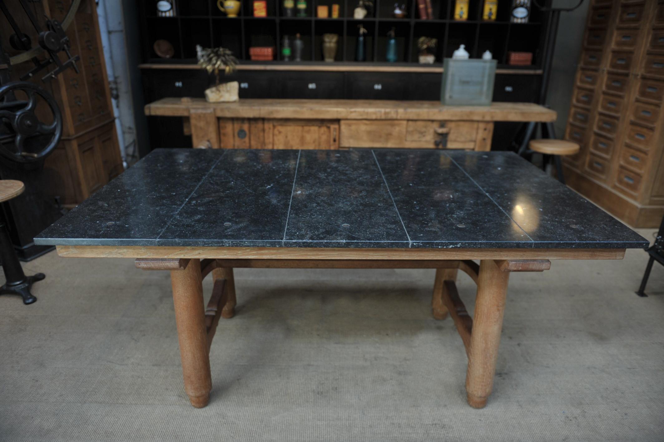 Mid-20th Century Guillerme & Chambron Oak and Black Stone Dining Table, 1950