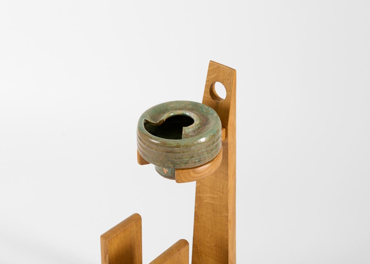 French Guillerme & Chambron, Oak & Ceramic Ash Tray and Stand, France, Mid-20th Century For Sale
