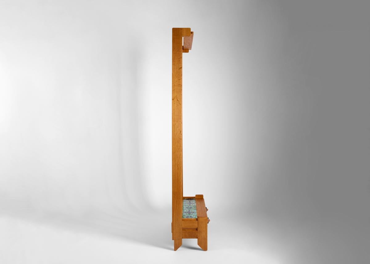 Glazed Guillerme & Chambron, Oak & Ceramic Coat Stand, France, Mid-20th Century For Sale