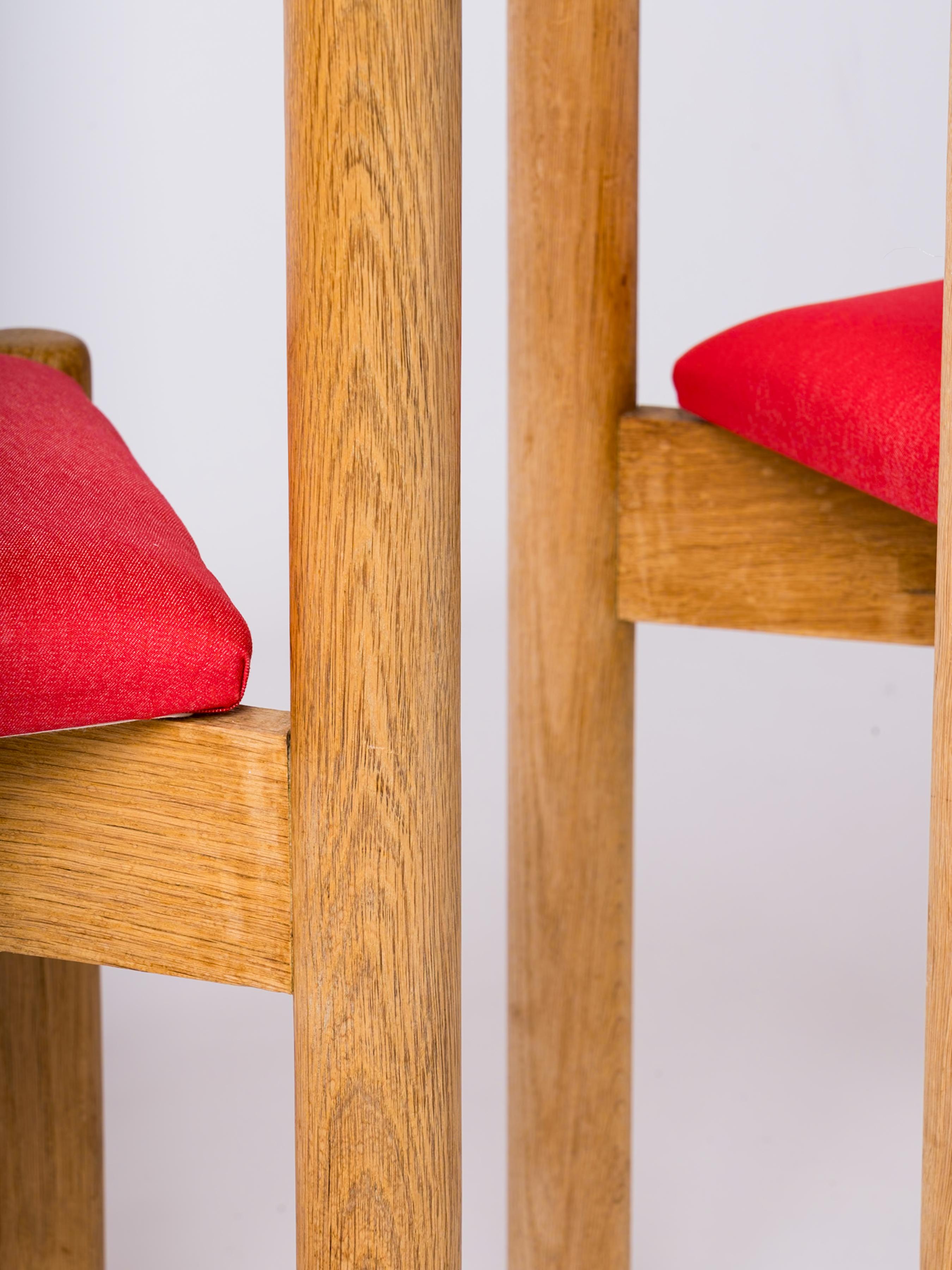 Guillerme & Chambron Oak Chairs w. Red Fabric Upholstery - France 1970's For Sale 1
