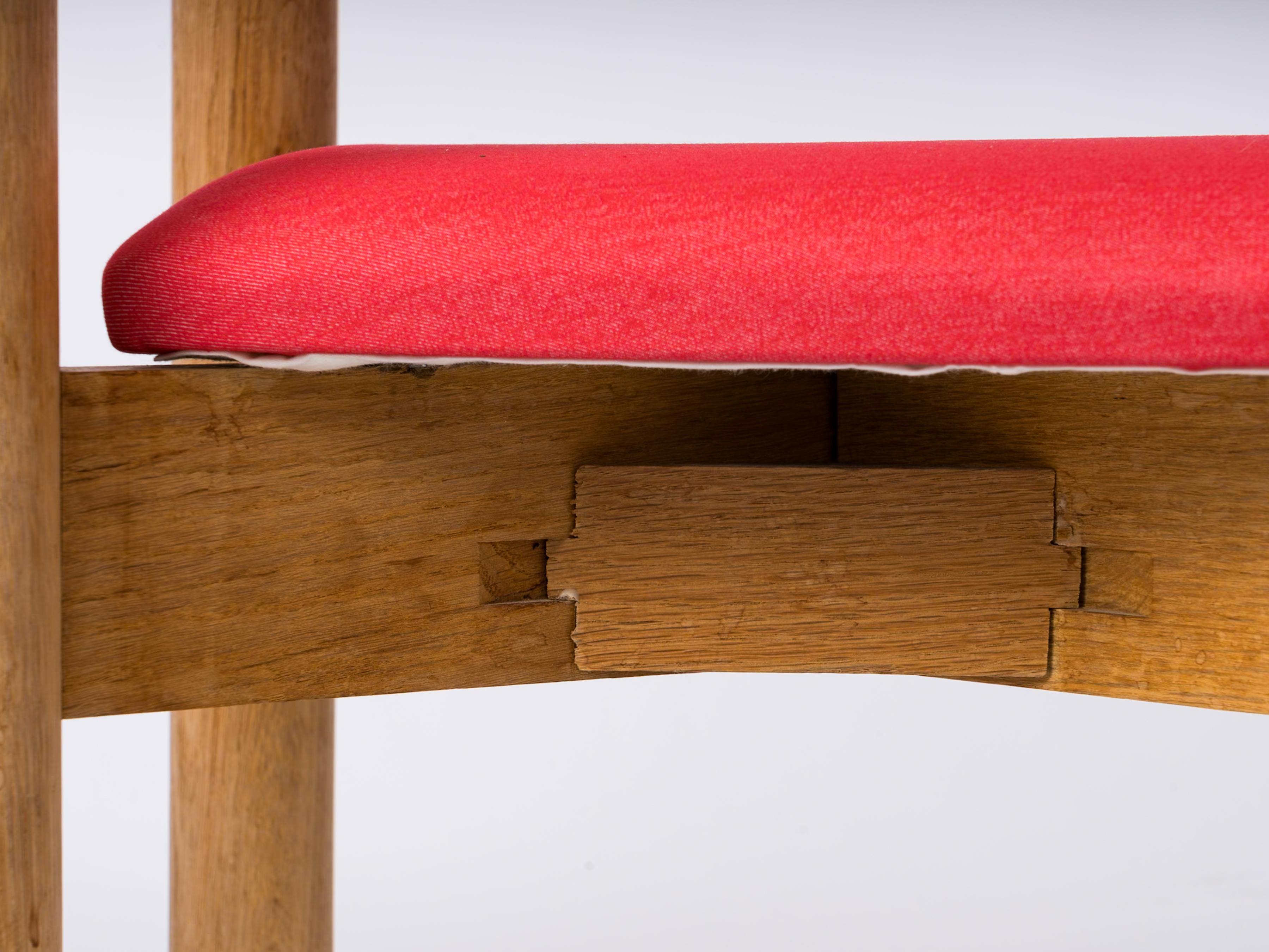 Guillerme & Chambron Oak Chairs w. Red Fabric Upholstery - France 1970's For Sale 2