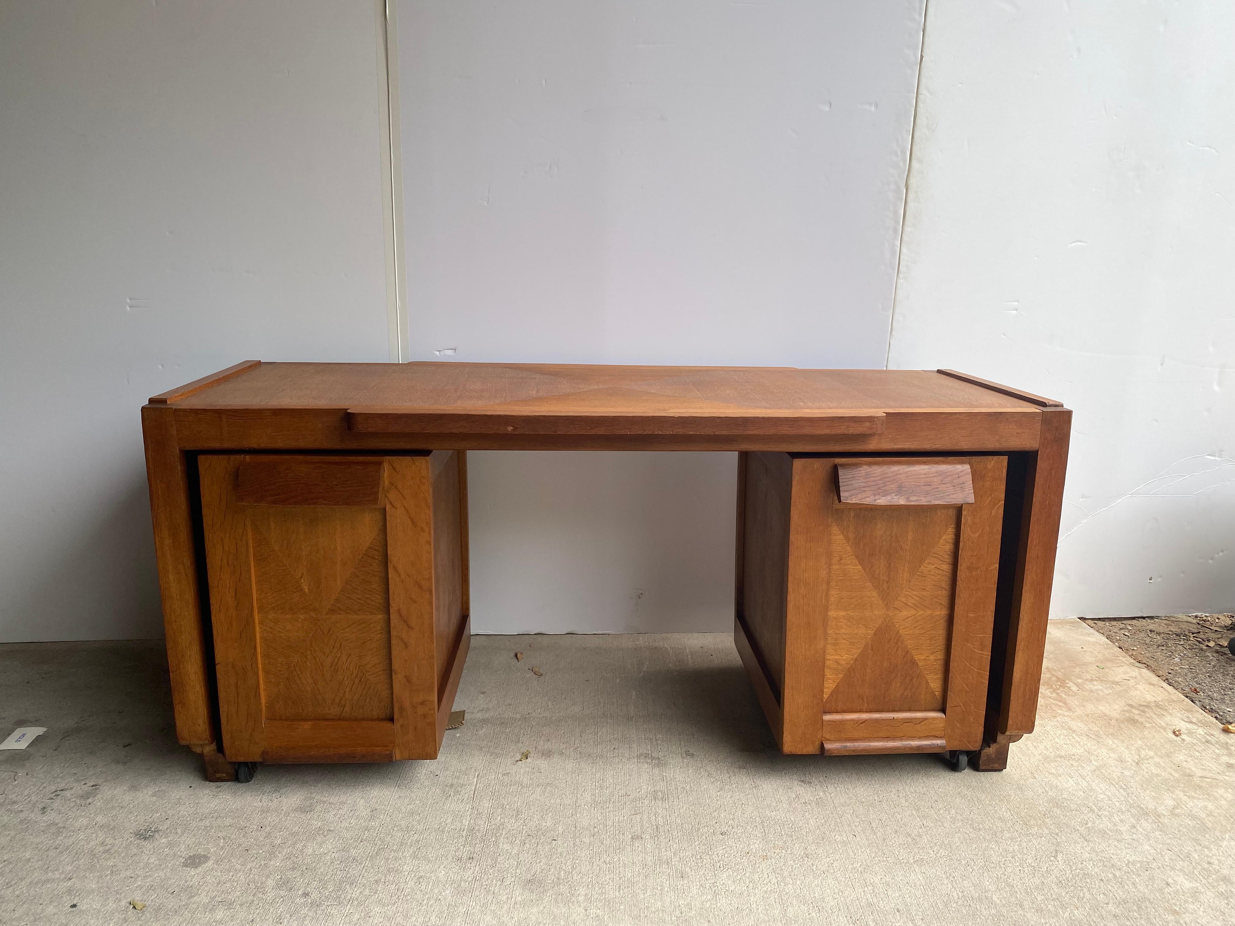 French Guillerme & Chambron Oak Desk with Drawer Units, France, 1950's