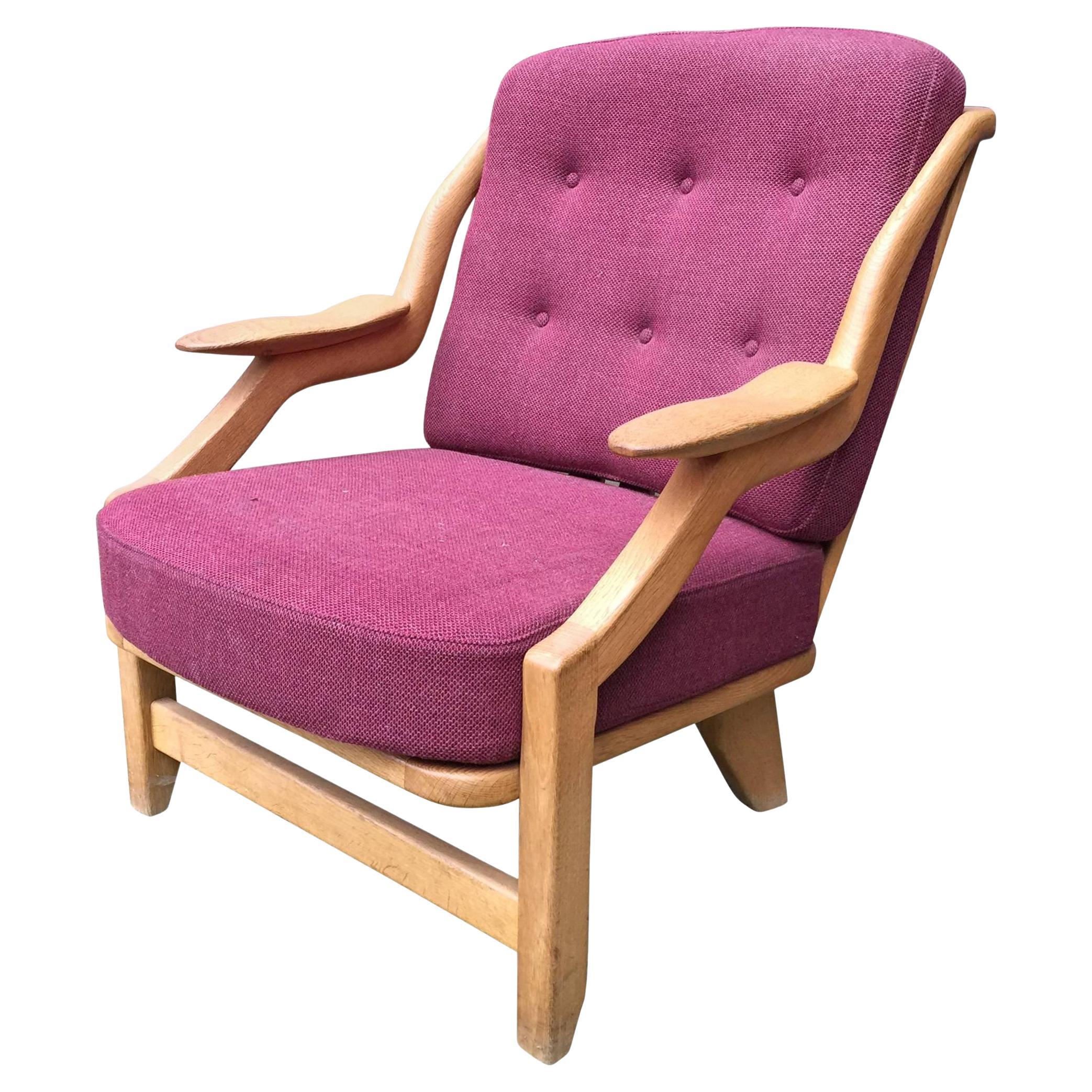 Guillerme 
Chambron Oak Easy Chair, with Original Fabric For Sale