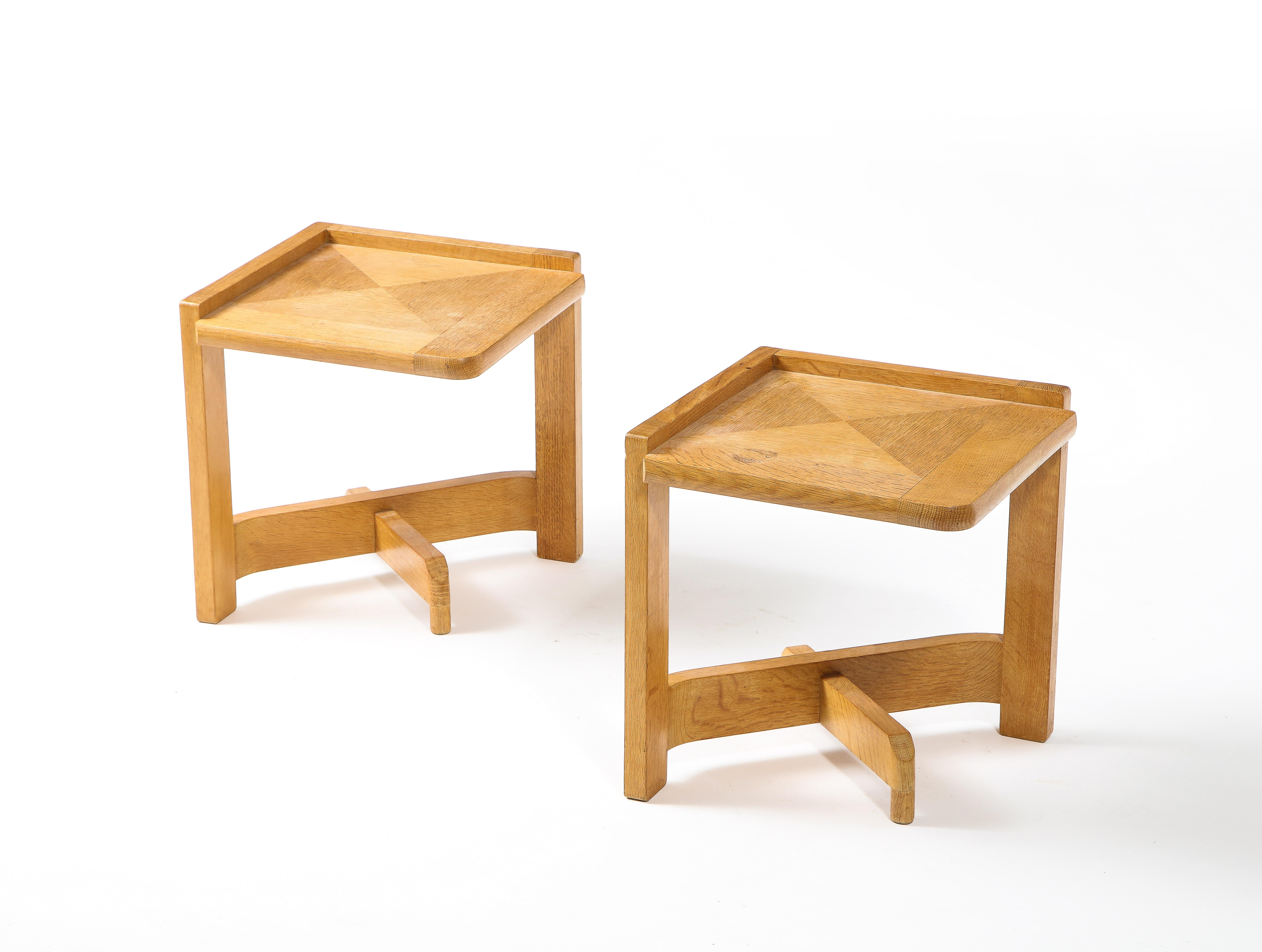 French Guillerme & Chambron Oak End Tables, France 1950's For Sale