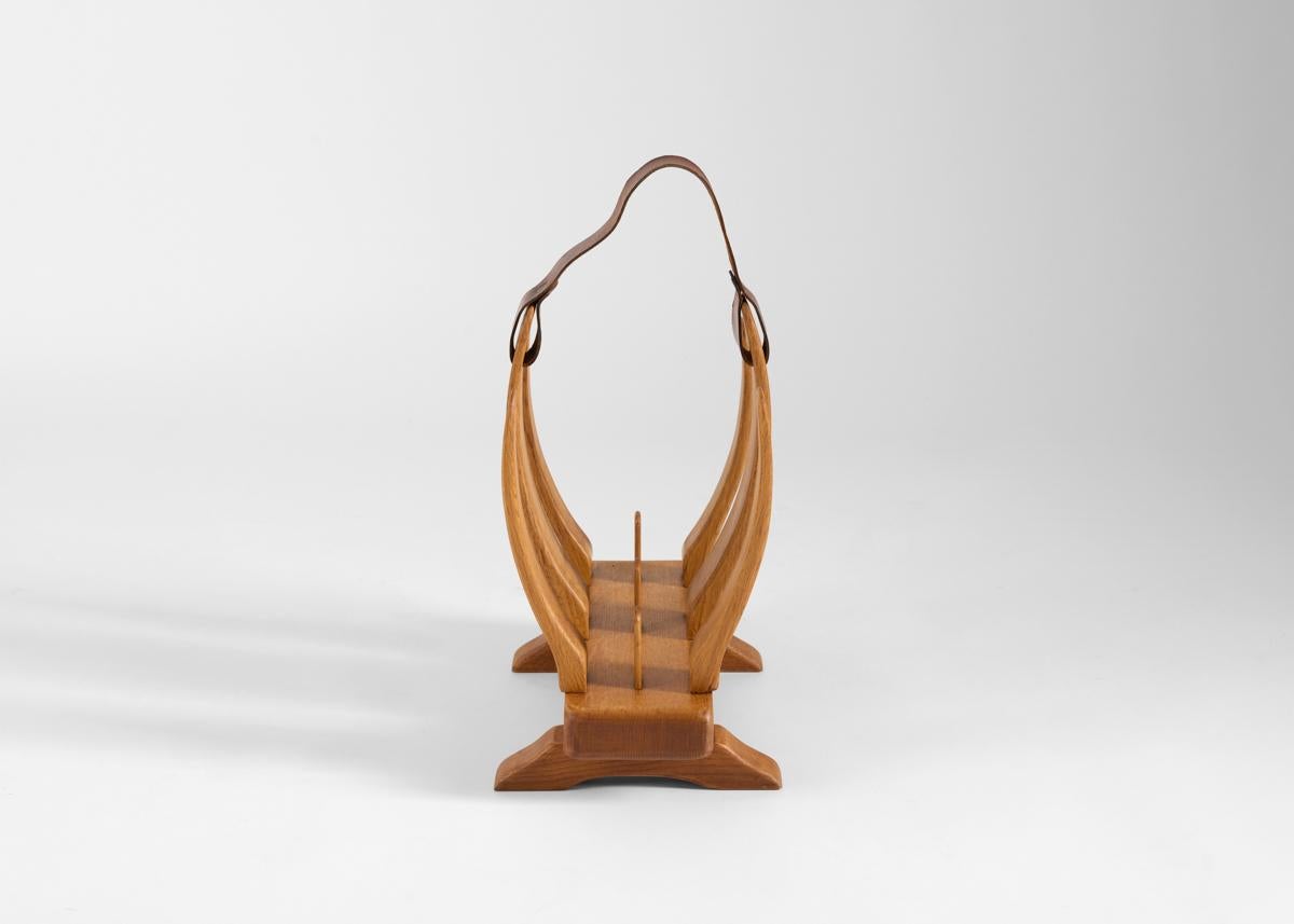 French Guillerme & Chambron, Oak & Leather Magazine Rack, France, 1960s For Sale