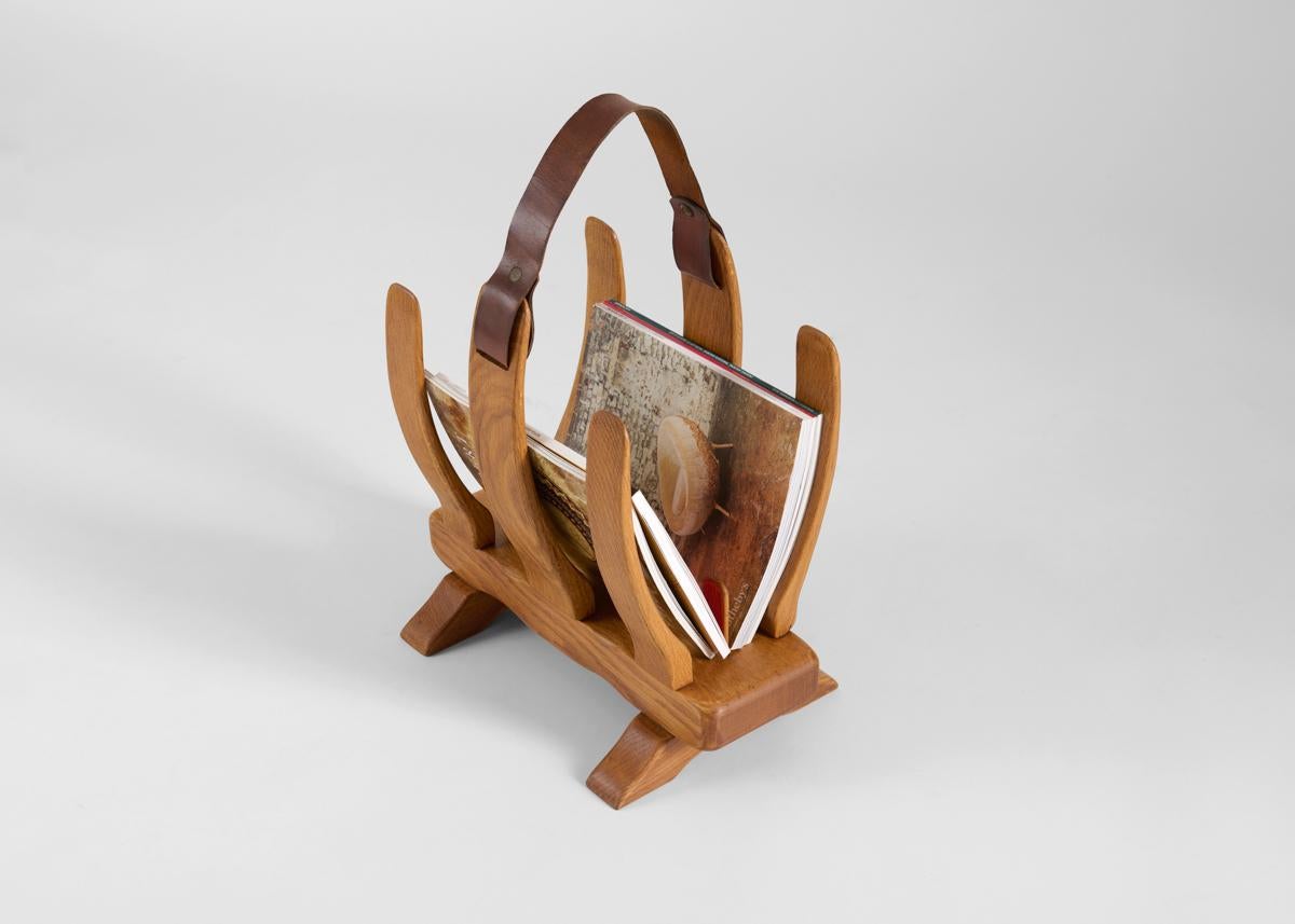 Polished Guillerme & Chambron, Oak & Leather Magazine Rack, France, 1960s For Sale