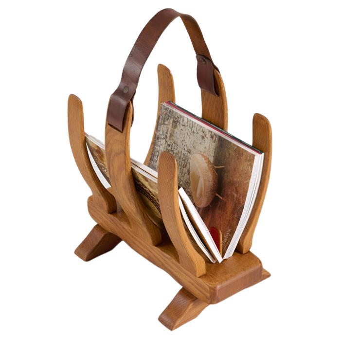 Guillerme & Chambron, Oak & Leather Magazine Rack, France, 1960s For Sale