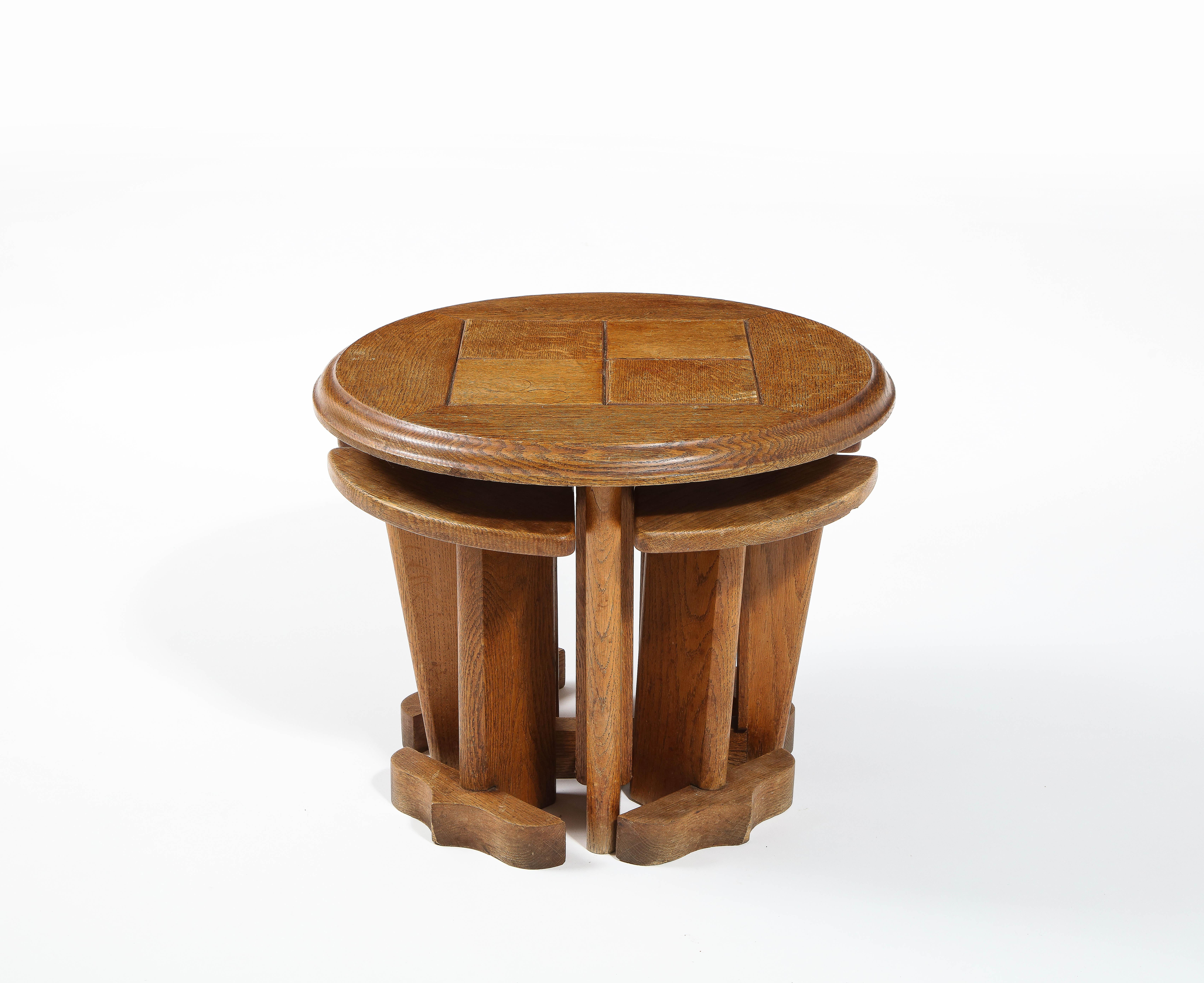 French Guillerme & Chambron Oak Nesting Table Set, France 1960's For Sale