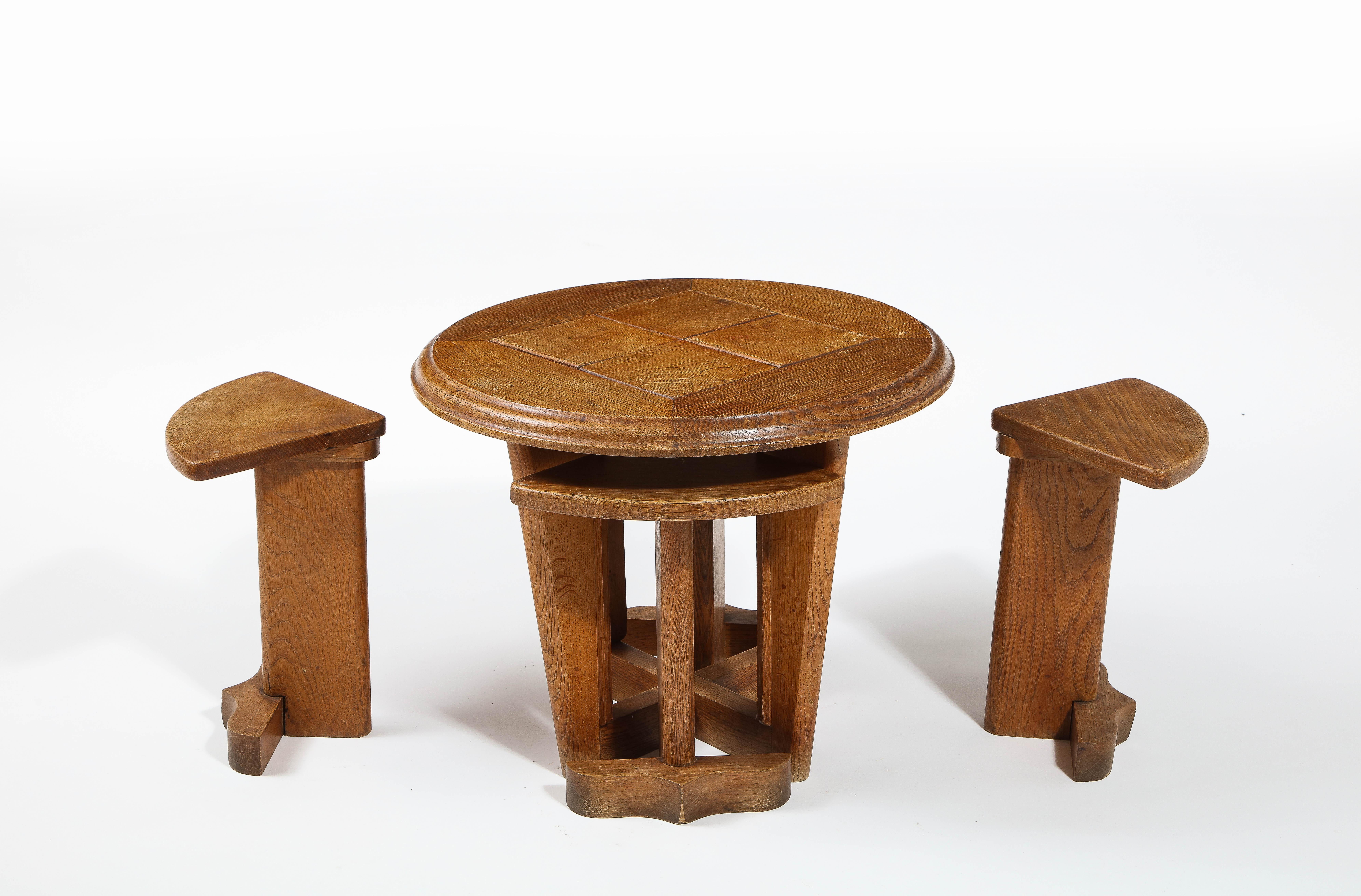 20th Century Guillerme & Chambron Oak Nesting Table Set, France 1960's For Sale